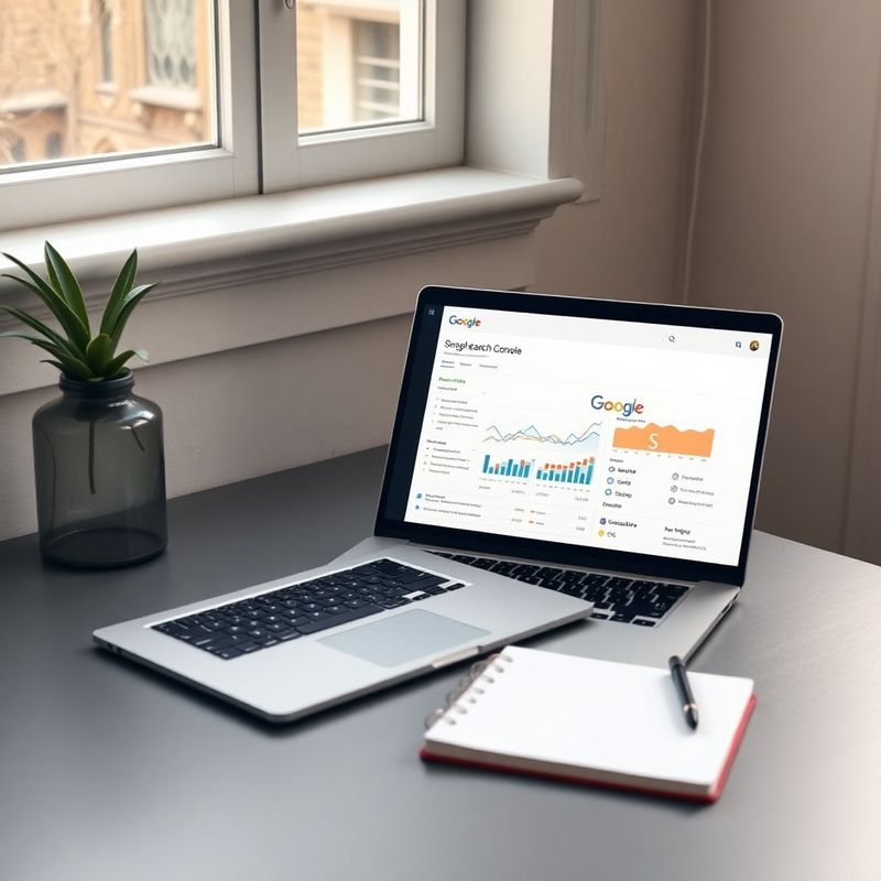 Slate-šedý stůl s laptopem zobrazujícím data z Google Search Console